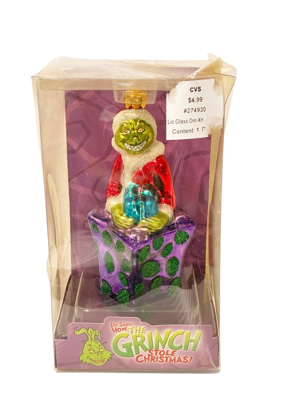 Dr. Seuss How the Grinch Stole Christmas Brass Key Glass Ornament Vintage NEW
